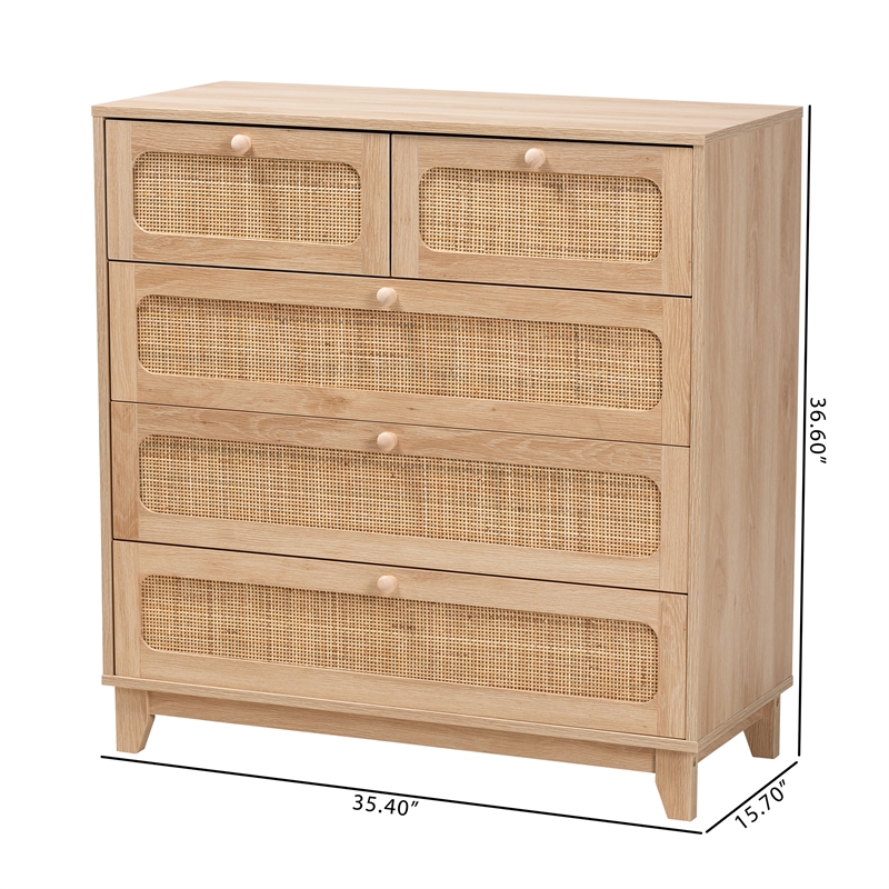 Baxton Studio Elsbeth Oak Brown Wood and Natural Rattan 5-Drawer Storage Cabinet