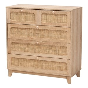 Baxton Studio Elsbeth Oak Brown Wood and Natural Rattan 5-Drawer Storage Cabinet