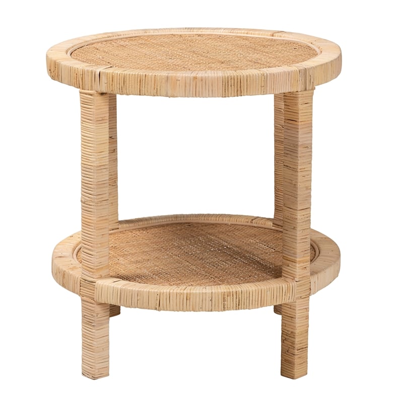 Baxton Studio Bella Brown Mahogany Wood and Natural Rattan 2-Tier End Table
