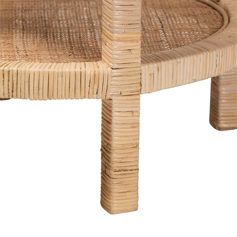 Baxton Studio Bella Brown Mahogany Wood and Natural Rattan 2-Tier End Table