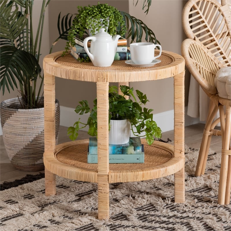 Baxton Studio Bella Brown Mahogany Wood and Natural Rattan 2-Tier End Table