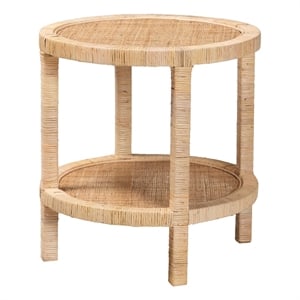 Baxton Studio Bella Brown Mahogany Wood and Natural Rattan 2-Tier End Table