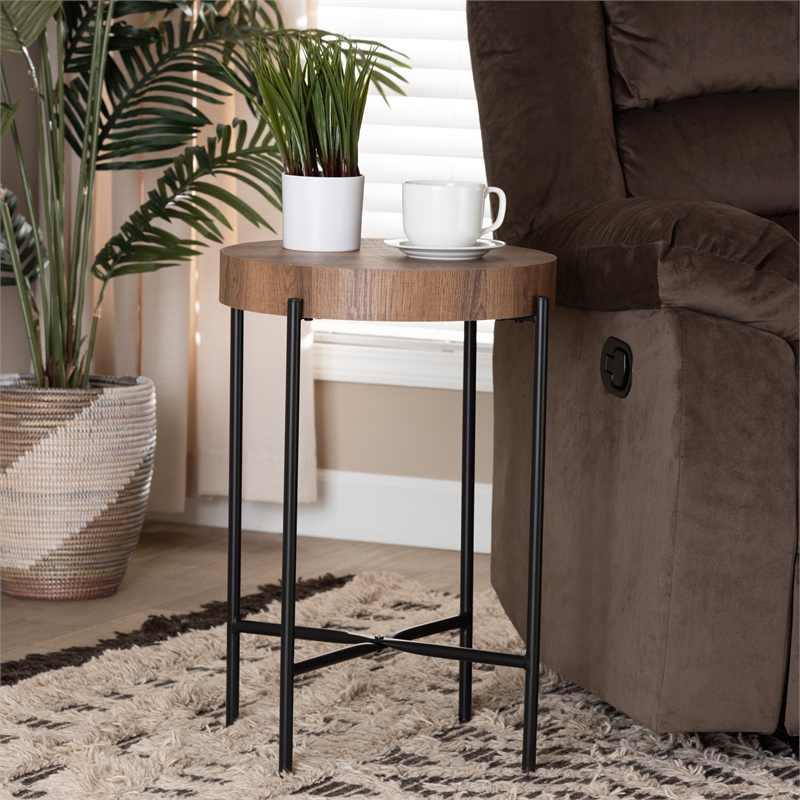 Baxton Studio Savion Walnut Brown Finished Wood and Black Metal End Table