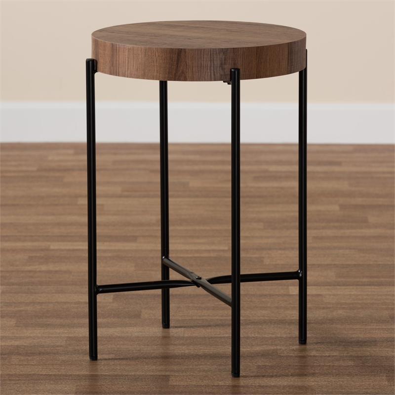 Baxton Studio Savion Walnut Brown Finished Wood and Black Metal End Table