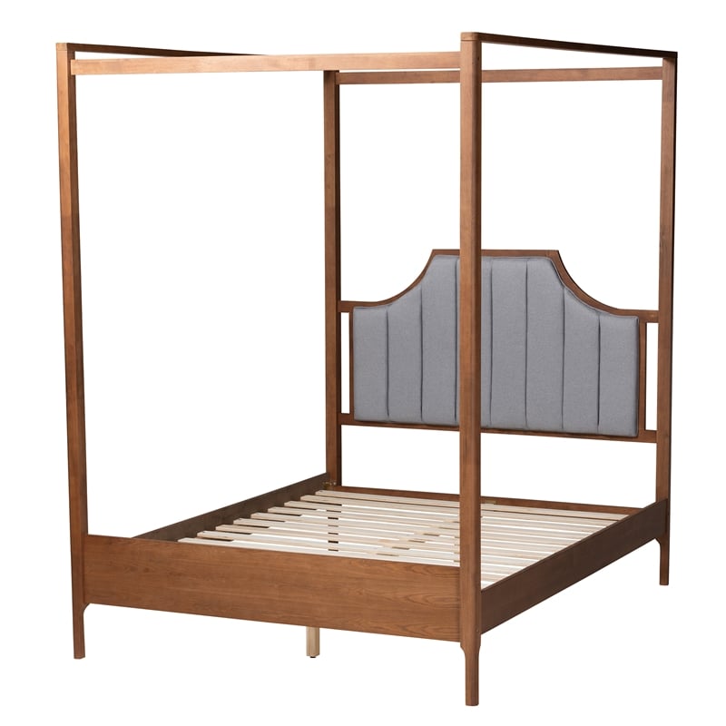 Baxton Studio Dakota Gray Fabric and Walnut Wood Queen Size Platform Canopy Bed