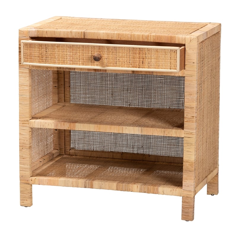 Baxton Studio Bella Brown Mahogany Wood and Rattan 1-Drawer Console Table