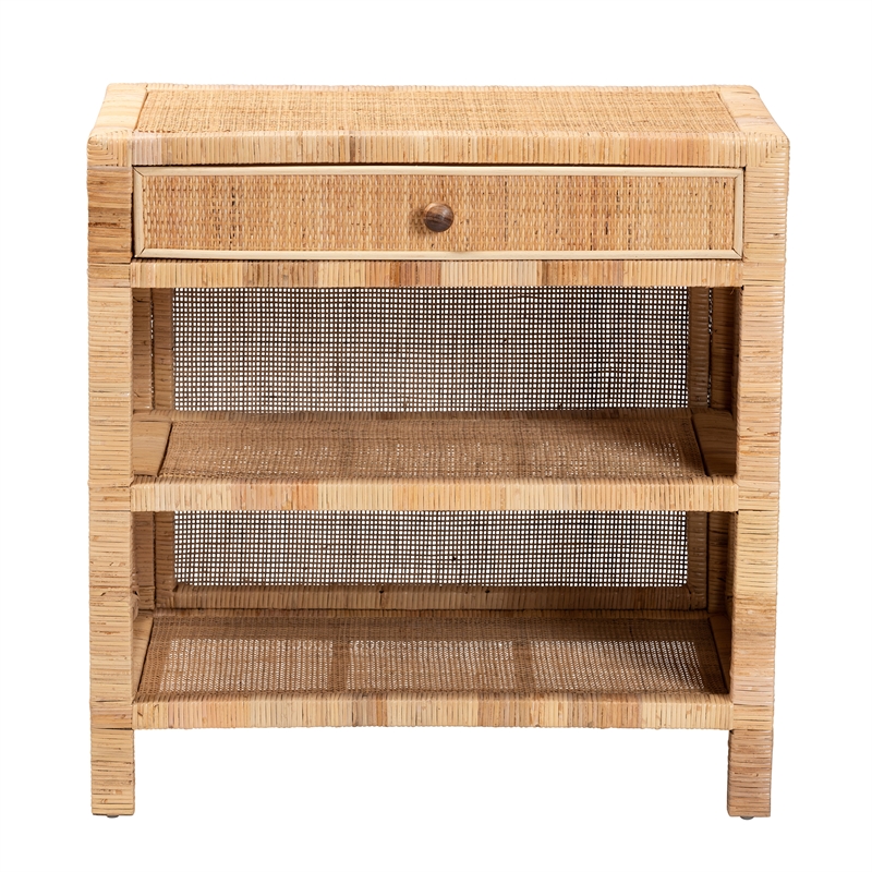 Baxton Studio Bella Brown Mahogany Wood and Rattan 1-Drawer Console Table