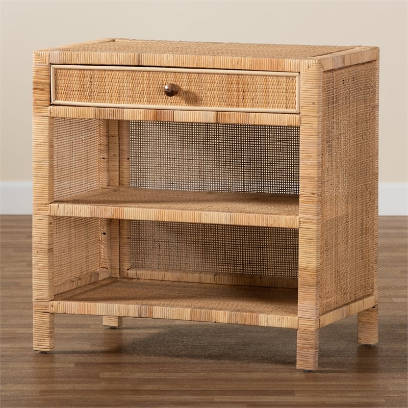 Baxton Studio Bella Brown Mahogany Wood and Rattan 1-Drawer Console Table