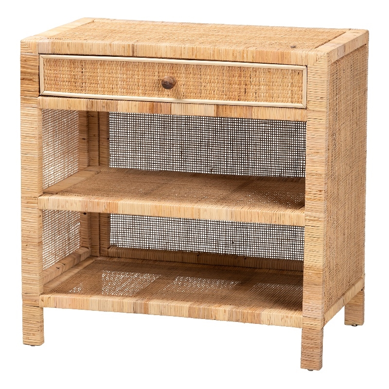 Baxton Studio Bella Brown Mahogany Wood and Rattan 1-Drawer Console Table