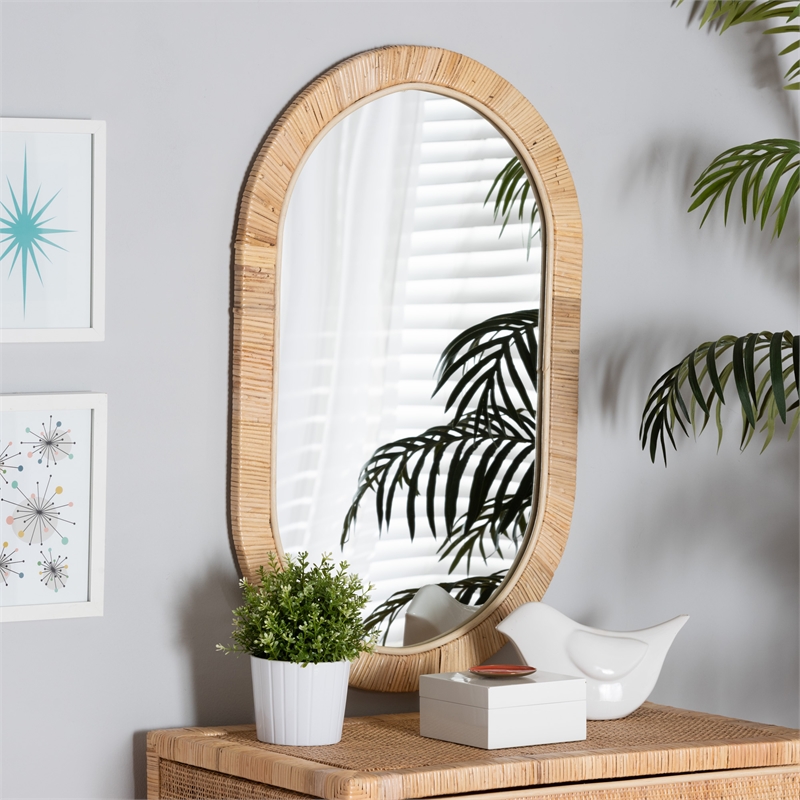 Baxton Studio Bella Natural Brown Mahognay Wood and Natural Rattan Oval Mirror