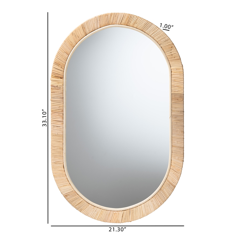 Baxton Studio Bella Natural Brown Mahognay Wood and Natural Rattan Oval Mirror