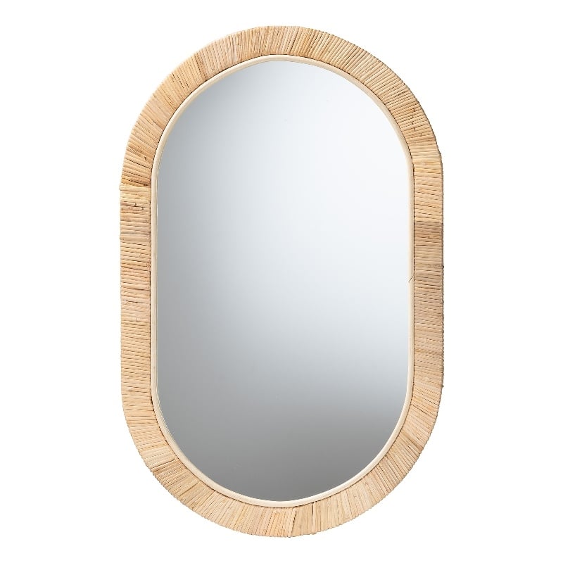 Baxton Studio Bella Natural Brown Mahognay Wood and Natural Rattan Oval Mirror