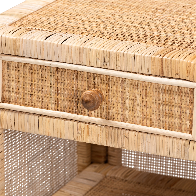 Baxton Studio Bella Brown Mahogany Wood and Natural Rattan 1-Drawer Nightstand