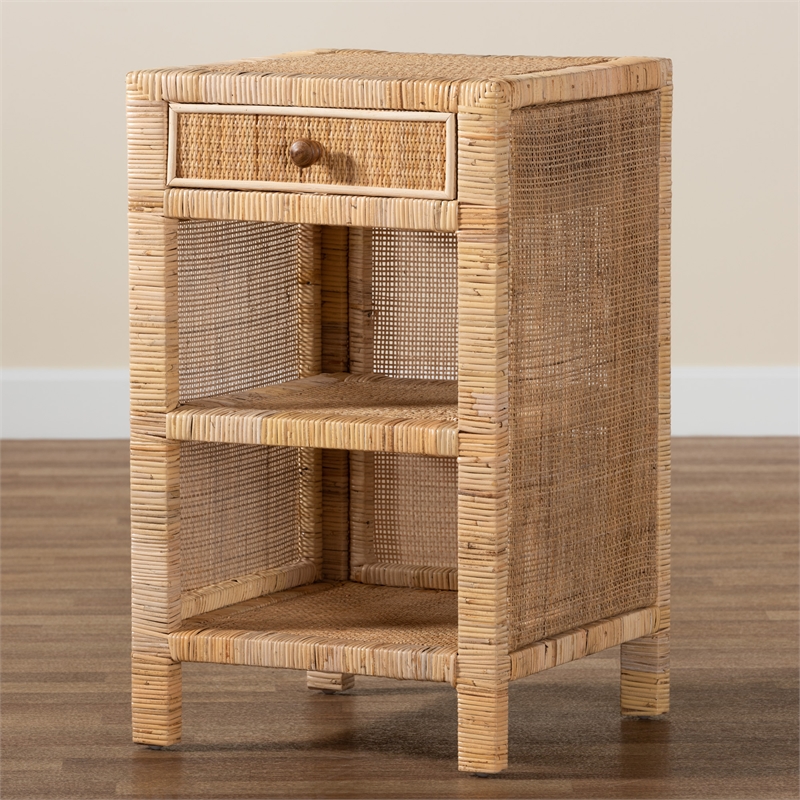 Baxton Studio Bella Brown Mahogany Wood and Natural Rattan 1-Drawer Nightstand