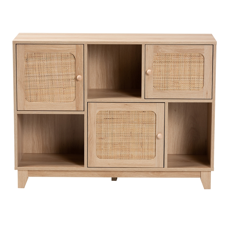 Baxton Studio Elsbeth Light Brown Wood and Natural Rattan 3-Door Sideboard