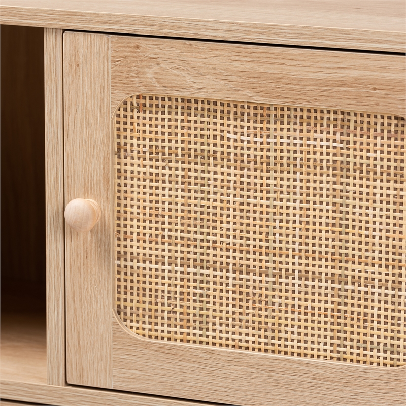 Baxton Studio Elsbeth Light Brown Wood and Natural Rattan 3-Door Sideboard