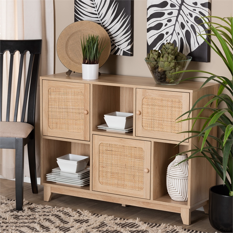 Baxton Studio Elsbeth Light Brown Wood and Natural Rattan 3-Door Sideboard