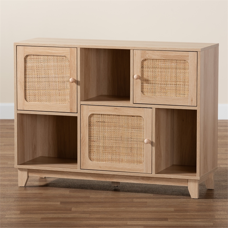 Baxton Studio Elsbeth Light Brown Wood and Natural Rattan 3-Door Sideboard