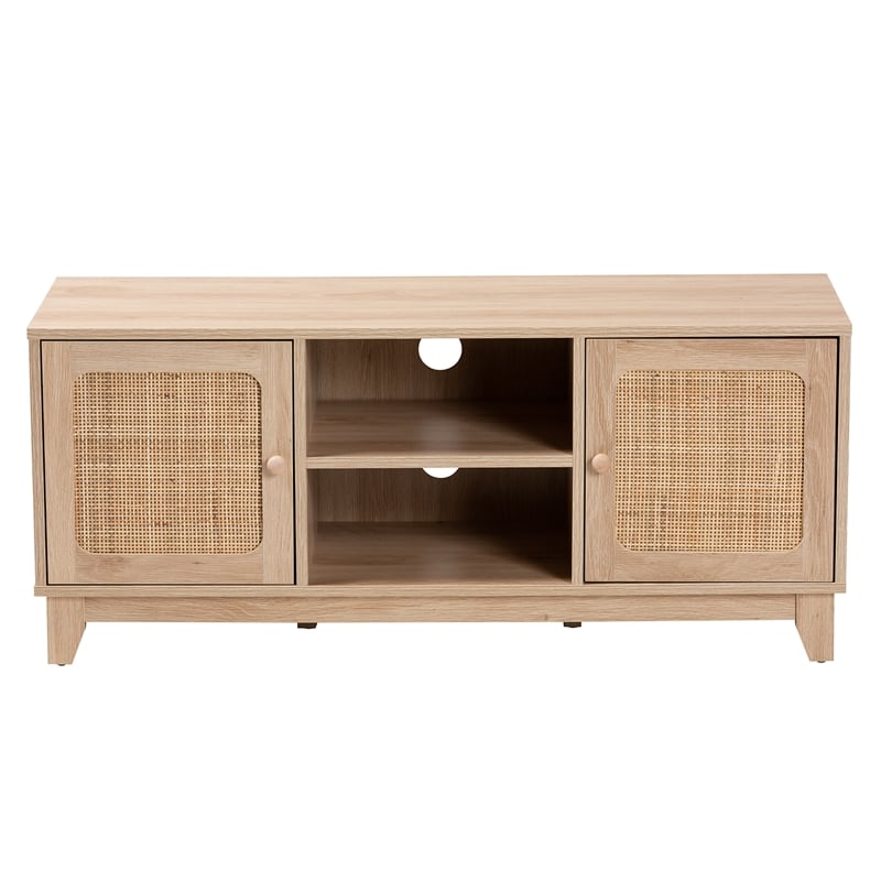 Baxton Studio Elsbeth Brown Finished Wood and Natural Rattan 2-Door TV Stand