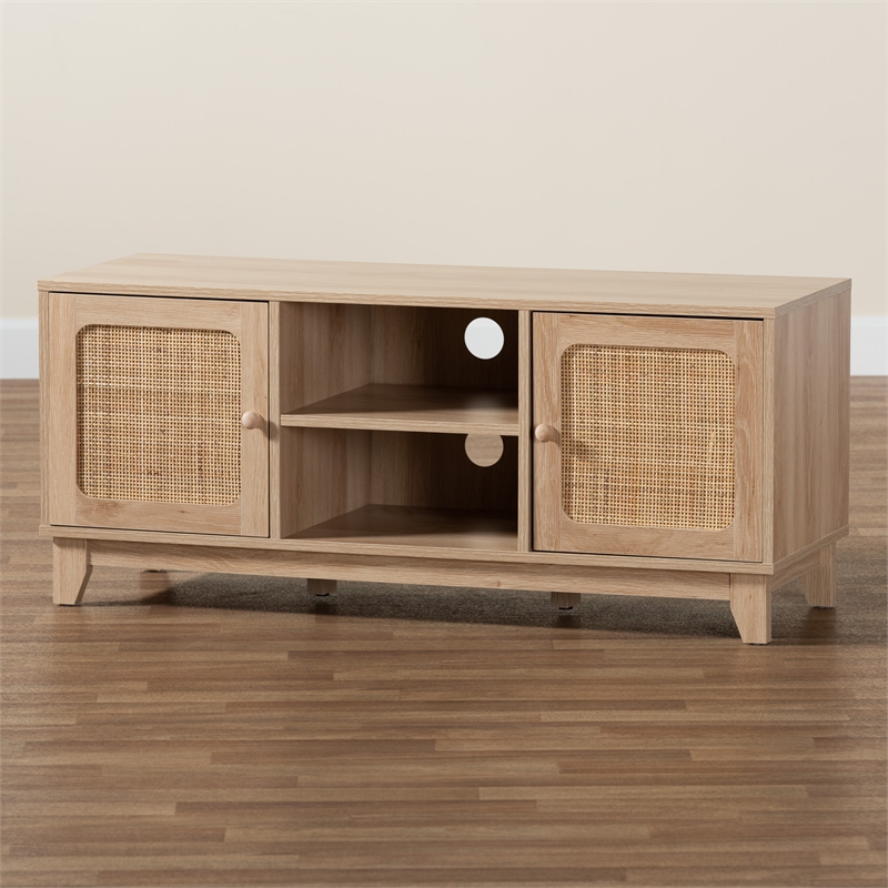Baxton Studio Elsbeth Brown Finished Wood and Natural Rattan 2-Door TV Stand