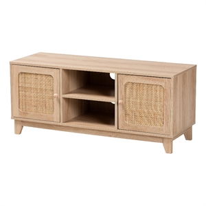 baxton studio elsbeth brown finished wood and natural rattan 2-door tv stand