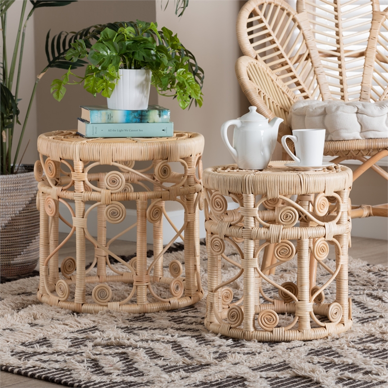 Baxton Studio Natural Brown Rattan 2-Piece Nesting End Table Set