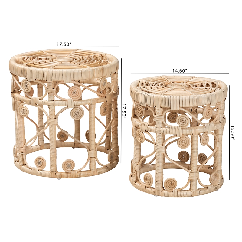 Baxton Studio Natural Brown Rattan 2-Piece Nesting End Table Set