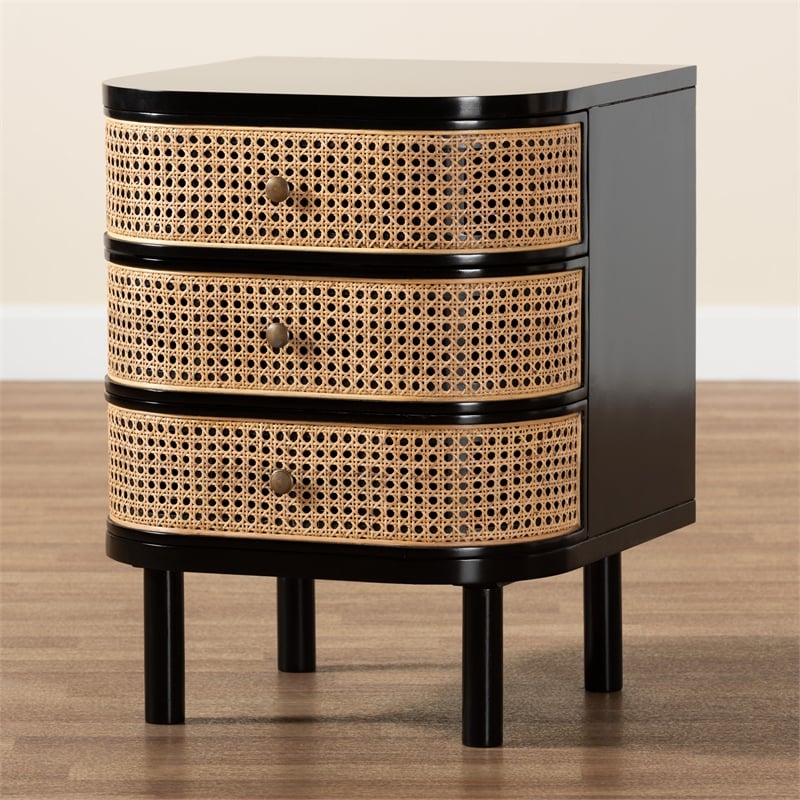 Baxton Studio Nabila Black Bayur Wood and Rattan 3-Drawer End Table Nightstand