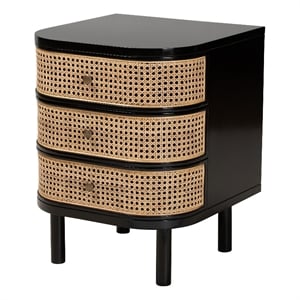 Baxton Studio Nabila Black Bayur Wood and Rattan 3-Drawer End Table Nightstand