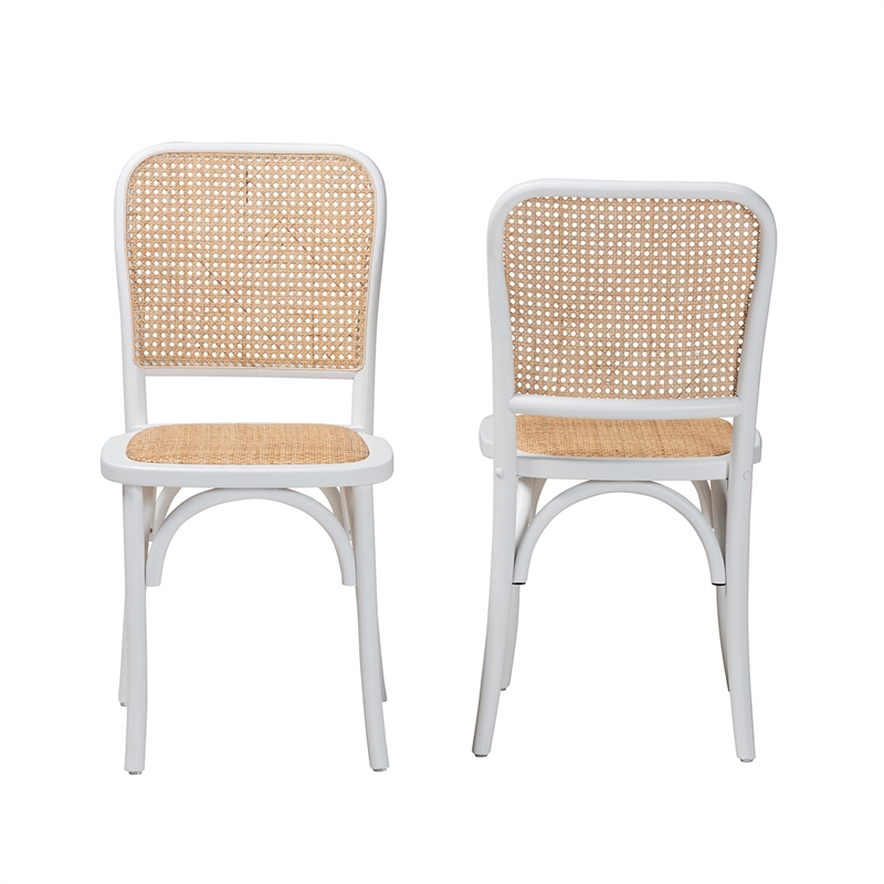 Baxton Studio Neah Japandi White Wood and Natural Rattan Dining Chair