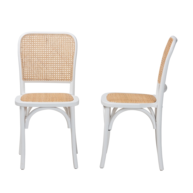 Baxton Studio Neah Japandi White Wood and Natural Rattan Dining Chair