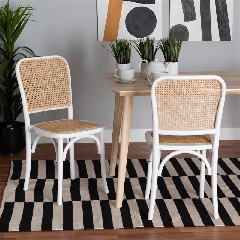 Baxton Studio Neah Japandi White Wood and Natural Rattan Dining Chair