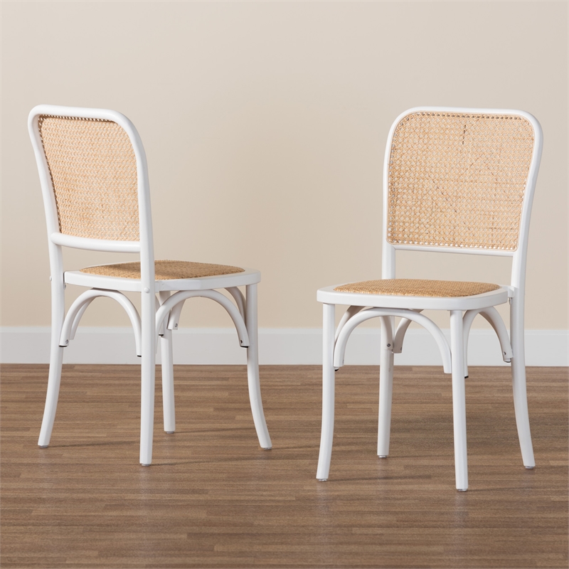 Baxton Studio Neah Japandi White Wood and Natural Rattan Dining Chair