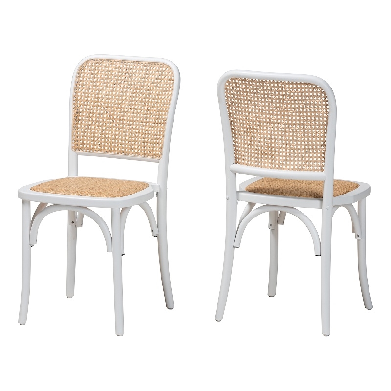 Baxton Studio Neah Japandi White Wood and Natural Rattan Dining Chair