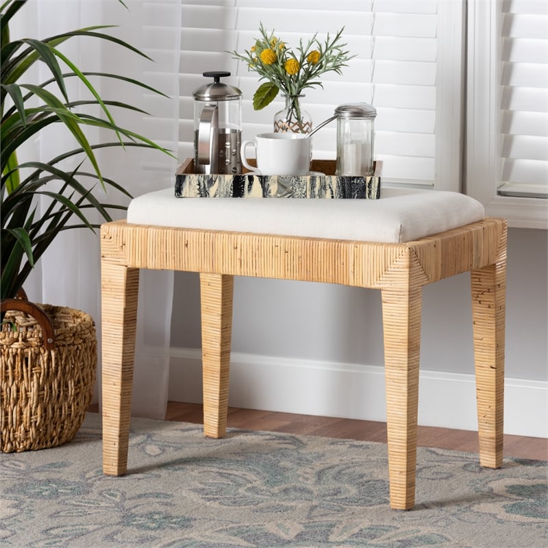 Baxton Studio Sofia Natural Brown Rattan and Mahogany Wood Ottoman