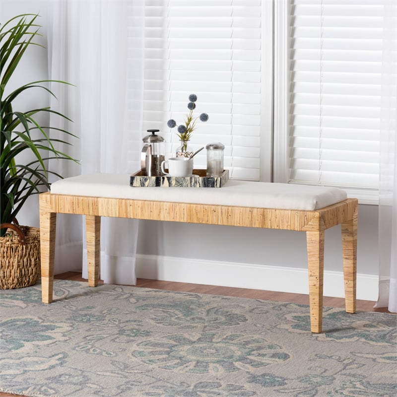 Baxton Studio Sofia Bohemian Natural Brown Rattan and Mahogany Wood Bench