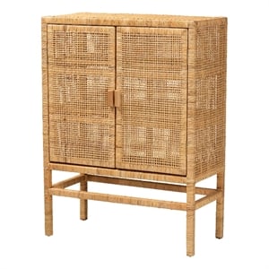 Baxton Studio Vivan Brown Rattan and Mahogany Wood 3-Shelf Storage Cabinet