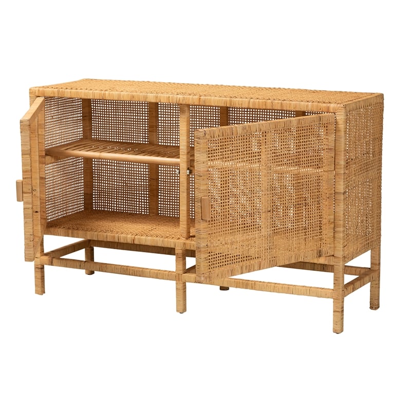 Baxton Studio Vivan Natural Brown Rattan and Mahogany Wood Storage Cabinet