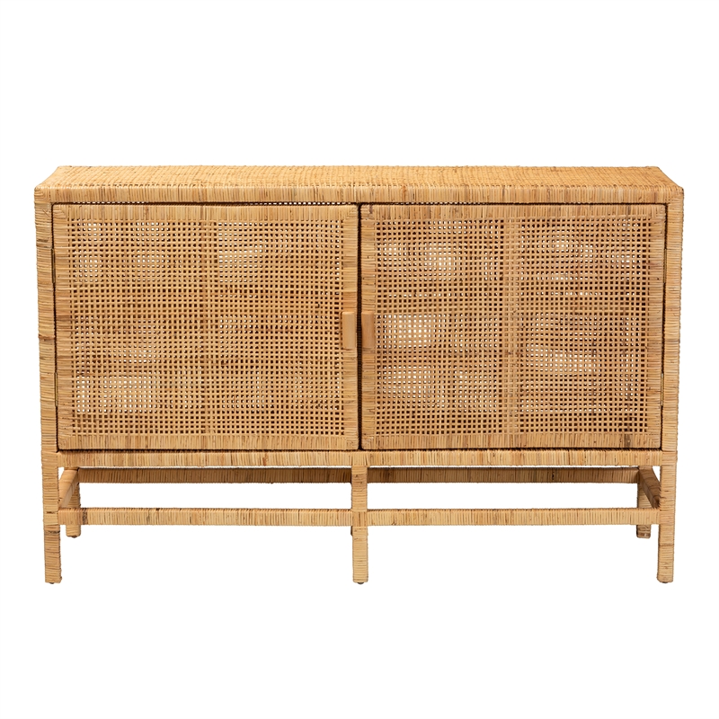 Baxton Studio Vivan Natural Brown Rattan and Mahogany Wood Storage Cabinet