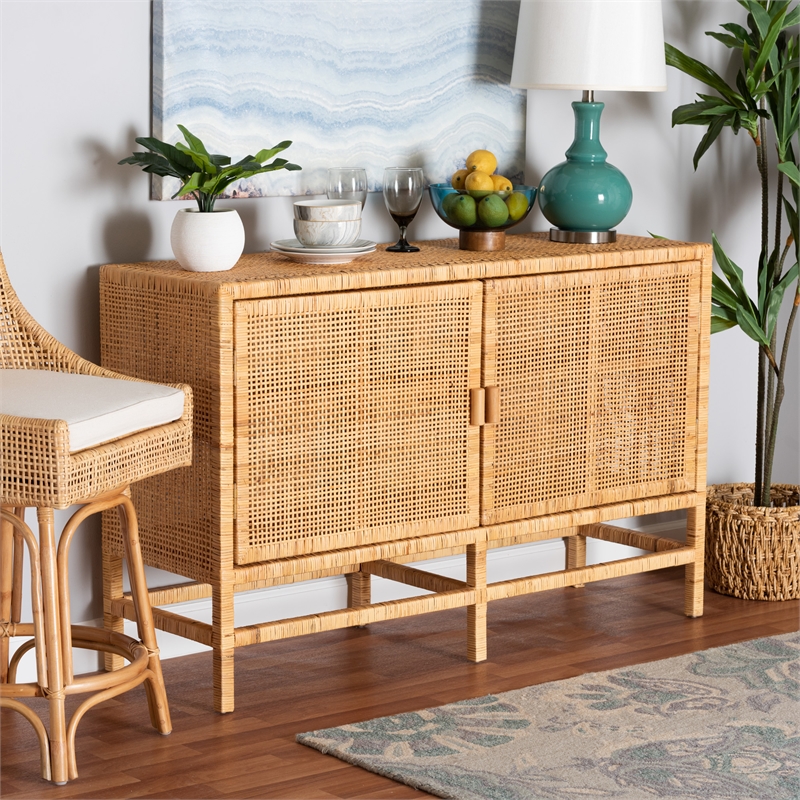 Baxton Studio Vivan Natural Brown Rattan and Mahogany Wood Storage Cabinet