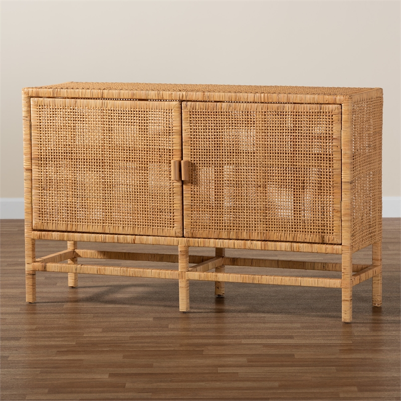 Baxton Studio Vivan Natural Brown Rattan and Mahogany Wood Storage Cabinet