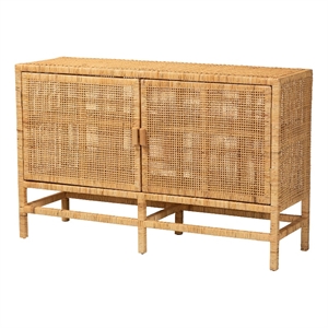 Baxton Studio Vivan Natural Brown Rattan and Mahogany Wood Storage Cabinet