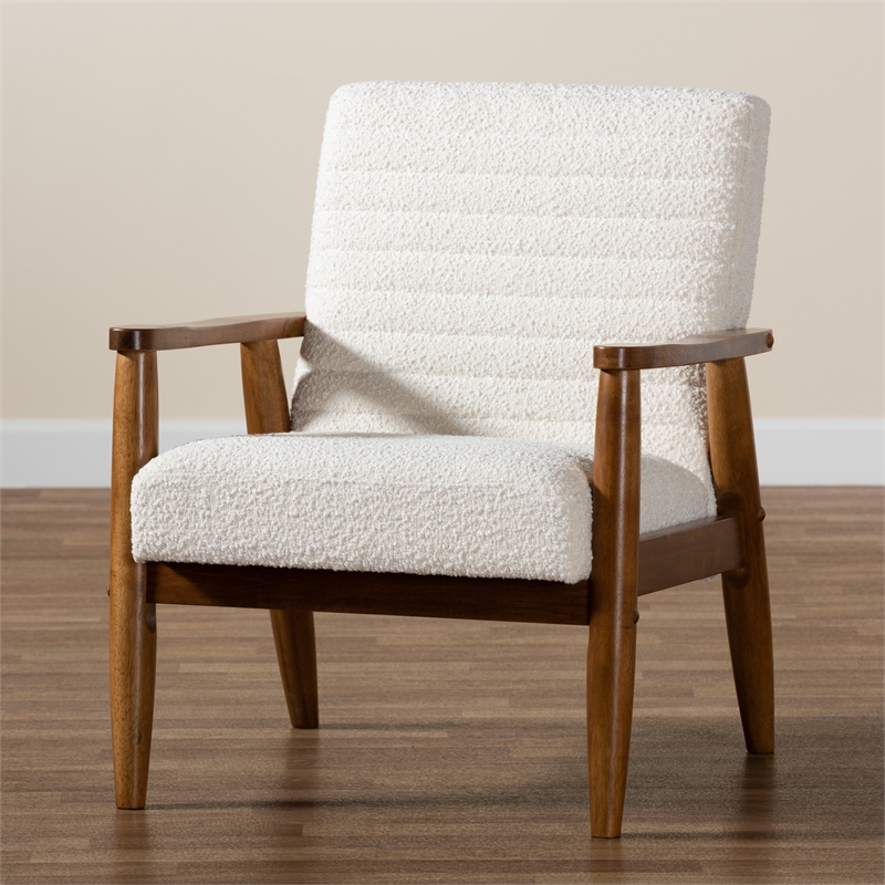 Baxton Studio Stratton Cream Boucle Fabric and Walnut Brown Wood Armchair