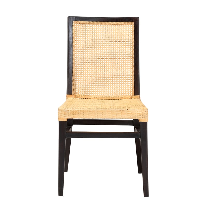 Baxton Studio Lingga Dark Brown Mahogany Wood and Natural Rattan Dining Chair