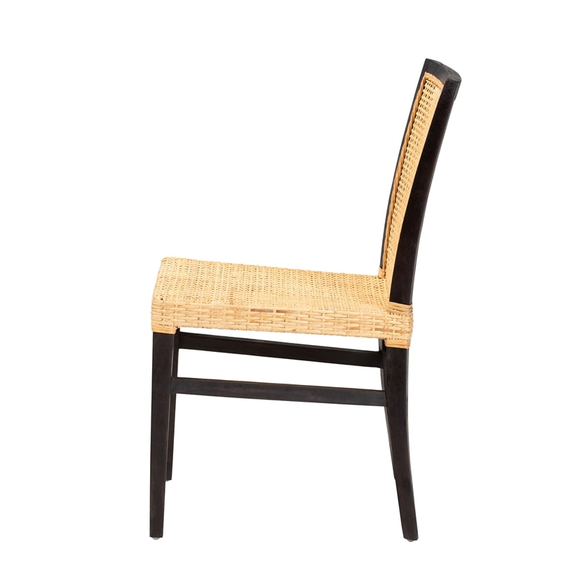 Baxton Studio Lingga Dark Brown Mahogany Wood and Natural Rattan Dining Chair