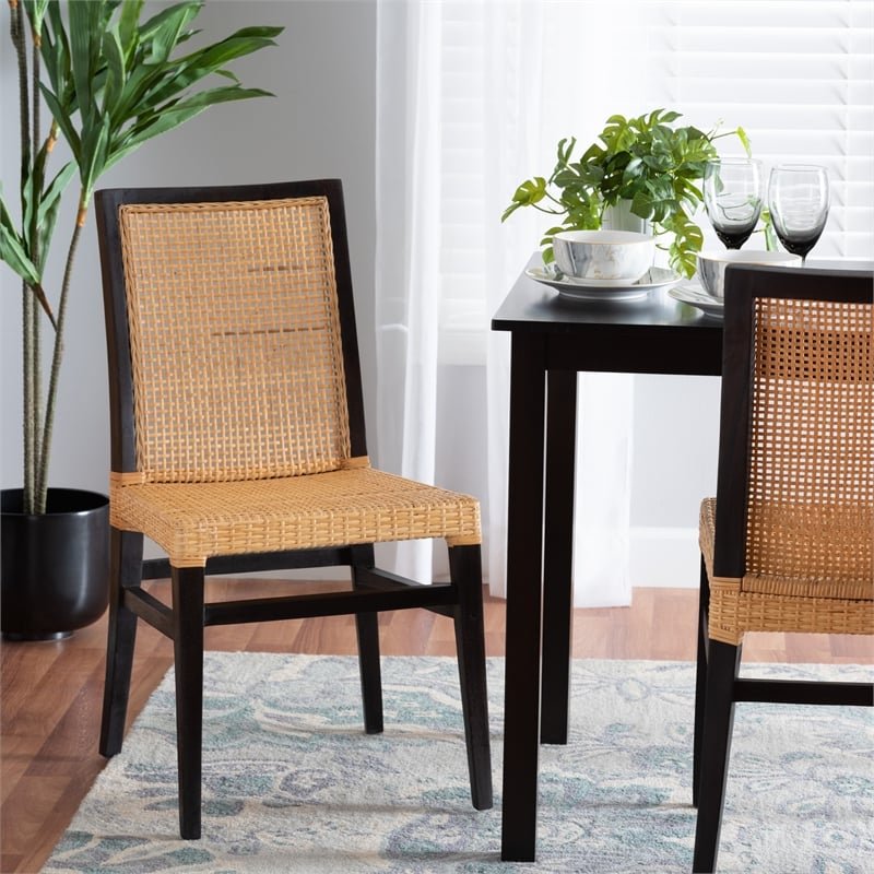Baxton Studio Lingga Dark Brown Mahogany Wood and Natural Rattan Dining Chair