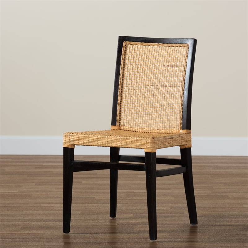 Baxton Studio Lingga Dark Brown Mahogany Wood and Natural Rattan Dining Chair