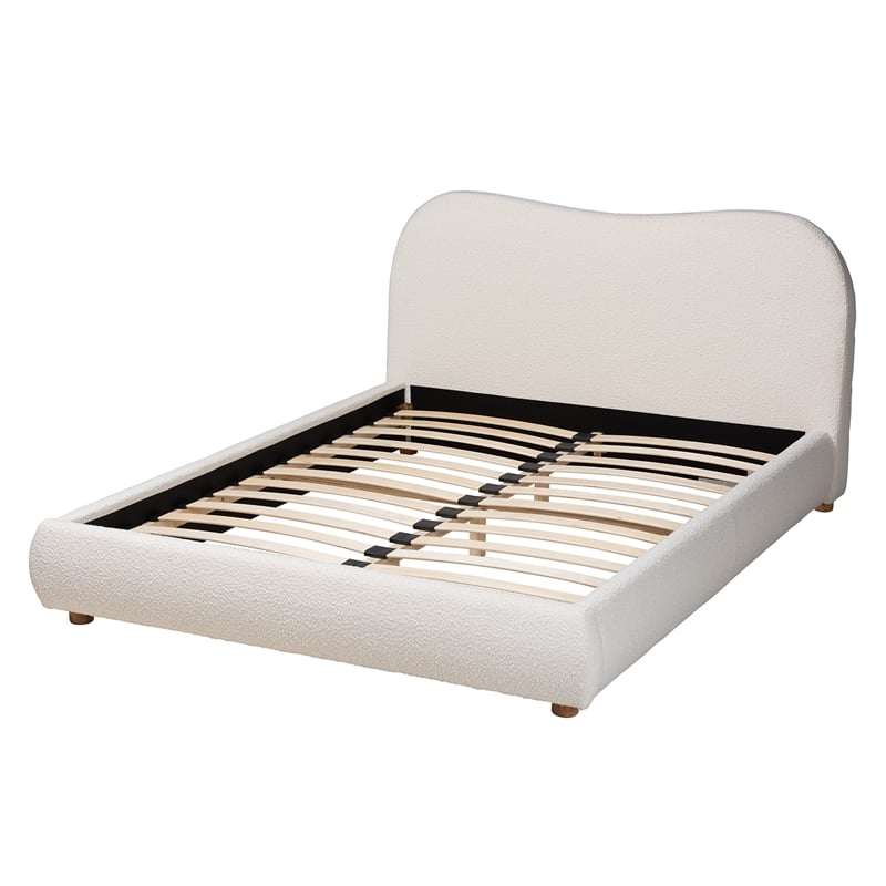 Baxton Studio Maya Cream Boucle Fabric and Brown Wood Queen Size Platform Bed