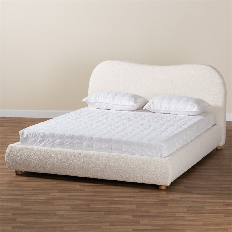 Baxton Studio Maya Cream Boucle Fabric and Brown Wood Queen Size Platform Bed