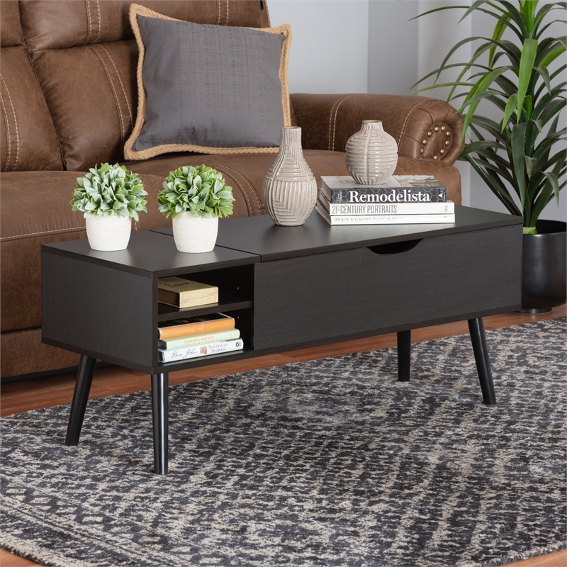 Baxton Studio Roden Two-Tone Black and Brown Wood Coffee Table with Compartment